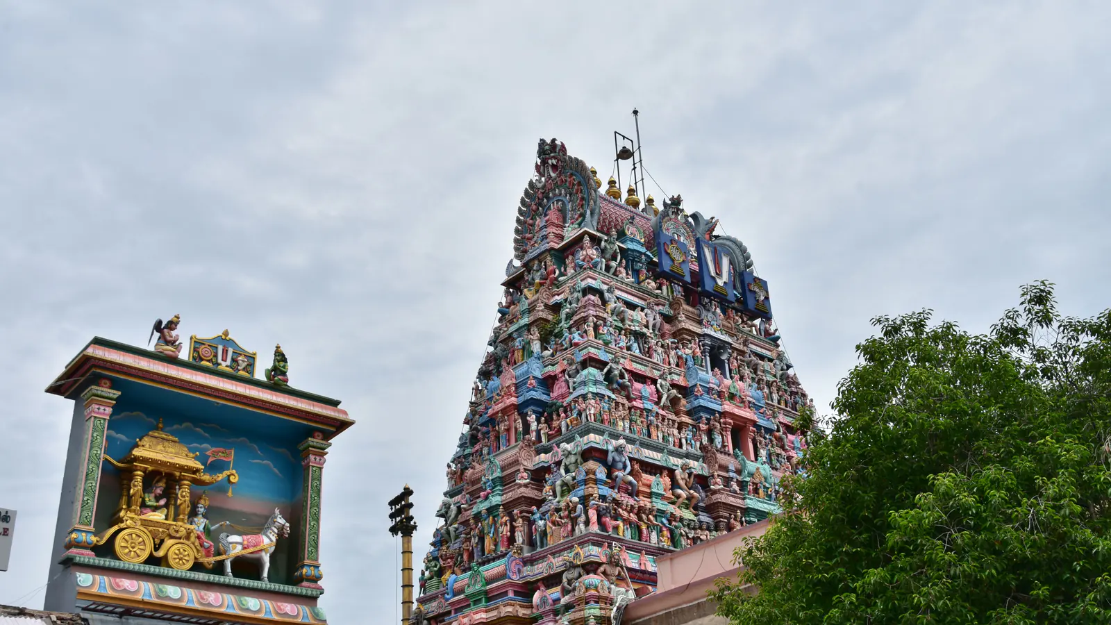 Colourful sculpted gateway tower of Chennai's Parthasarathi Temple.