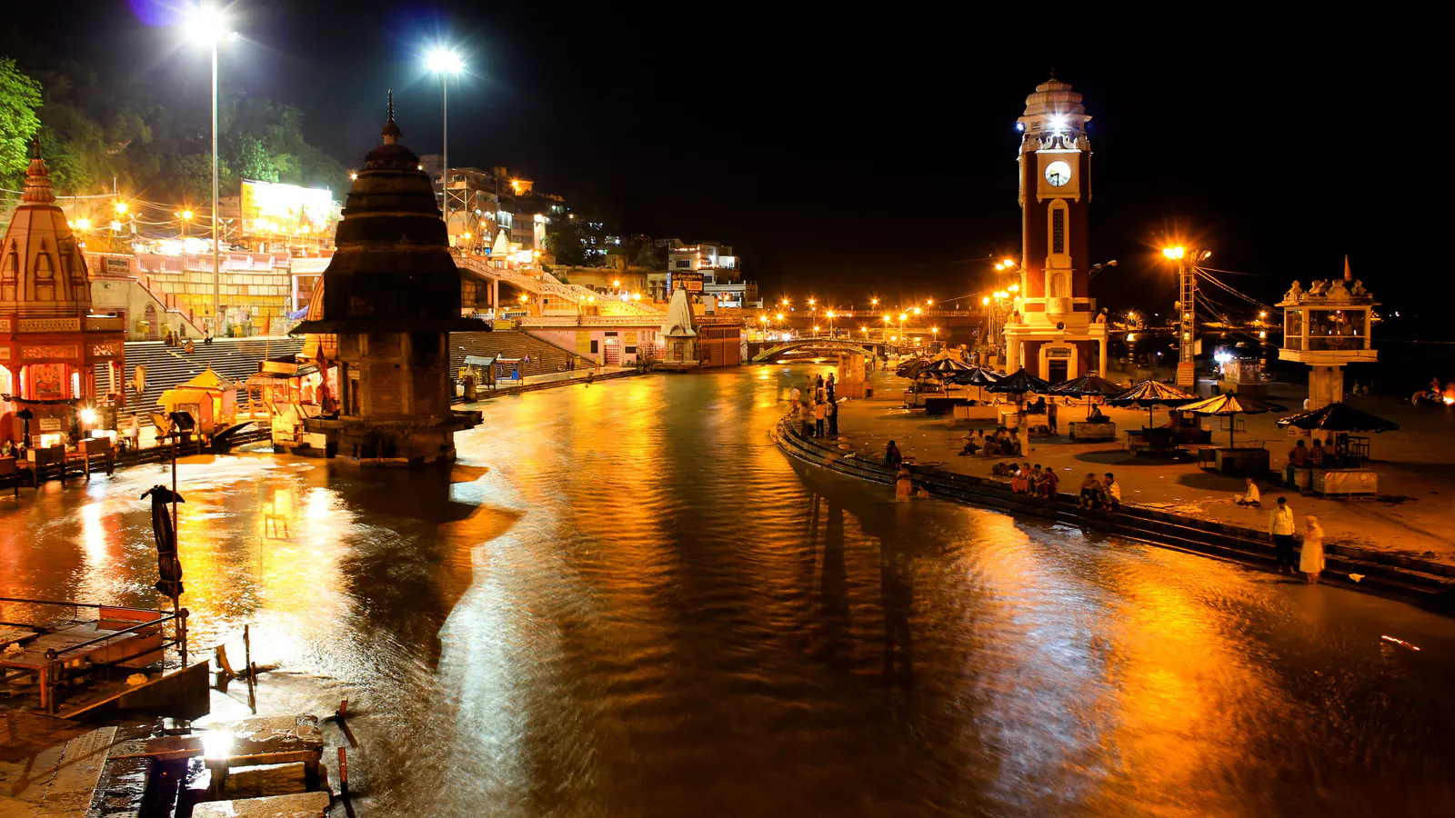 River Ganges flowing past the ghats and temples of Har Ki Pauri.