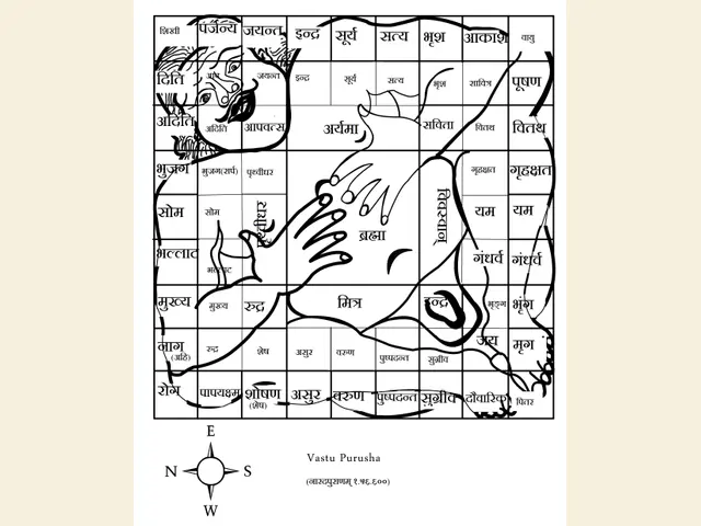 Modern black-and-white 81-square Vastu Purusha Mandala diagram with deity labels and a directional compass